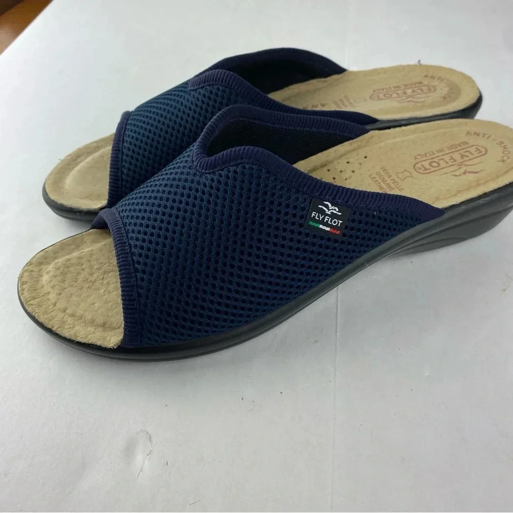 Flyflot Womens 39 (US 7.5) Navy Blue Vera Pelle Mesh Slides Sandals Anti-Shock
